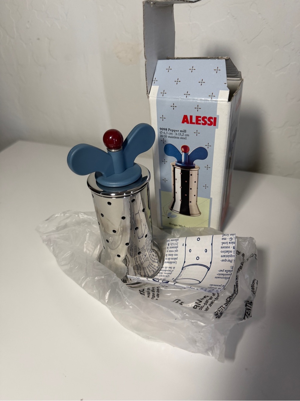 Alessi Stainless Steel Pepper Mill with Blue Wings and Red Knob NIB